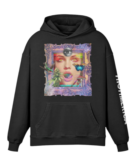Black hoodie with a colorful graphic design on a white background